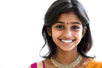 A happy young girl wearing a traditional Indian sari smiles directly at the camera