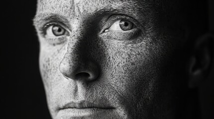 A creative and artistic black-and-white portrait of an adult with freckles. The use of monochromatic tones brings out the contrast and texture of the freckles, highlighting their unique patterns.