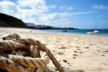Fototapeta premium A rope lies on a sandy beach, with a boat visible in the background