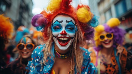 Lively street scene featuring group of friends dressed in clowncore fashion complete with face paint, colorful wigs, exaggerated clothing They posing having fun with urban background adding contrast