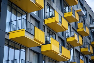 A cityscape with a building featuring yellow balconies, providing architectural details