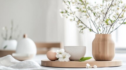 Elegant spring decor with cherry blossoms, ceramics, and eggs in a minimalistic setting