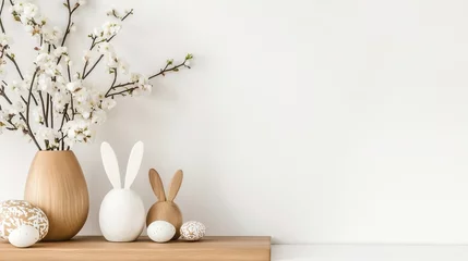 Seasonal decor featuring rabbits and blossoms on a minimalist shelf in a bright room, Happy easter © Maryna