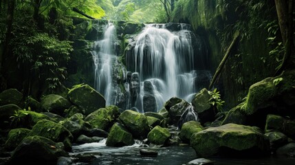 Verdant cascade, Serene waterfall flows through mossy stones