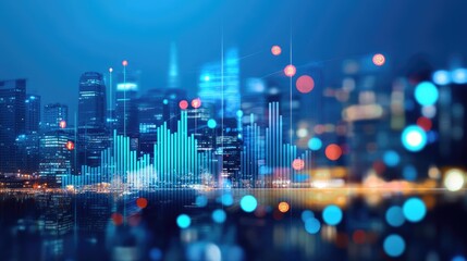 A financial bar chart overlayed on a blurred city skyline, representing economic trends.
