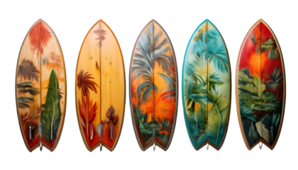 Tropical palm surfboard art  isolated on clear png background