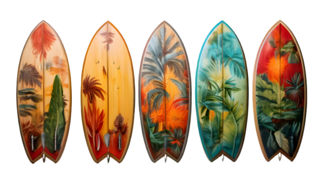 Tropical palm surfboard art  isolated on clear png background
