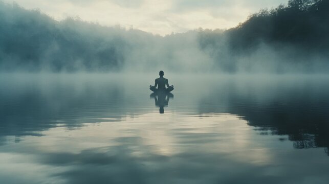 Video generation for a person meditating near a tranquil lake at dawn. Featuring peace and mindfulness