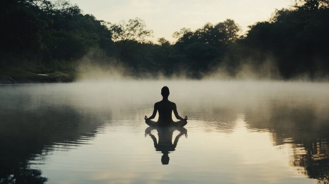 Video generation for a person meditating near a tranquil lake at dawn. Featuring peace and mindfulness