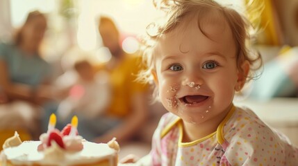 Baby smiling at cake with lit candles.