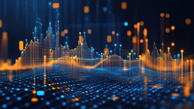 A futuristic D scatter plot with glowing blue data points floating in a dark digital space.