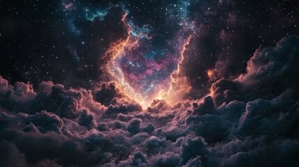 Fototapeta premium Stunning celestial view capturing a vibrant explosion of color among swirling cosmic clouds in the nighttime sky
