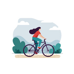 Naklejka premium Woman Riding Bicycle Outdoors with Trees and Sky Vector Illustration