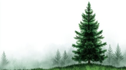 Tree in foggy forest watercolor landscape serene nature scene with misty atmosphere