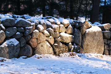 Stone wall in winter