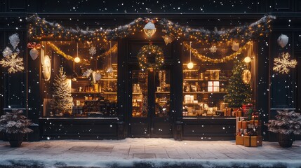 Obraz premium Christmas Shop Window Display Under Snowfall