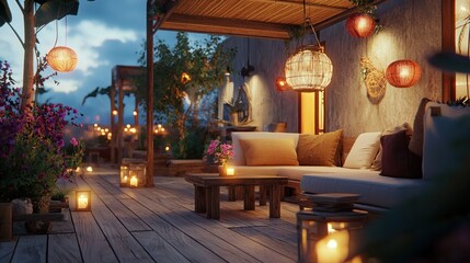 Serene Evening at a Tropical Resort: Tranquil Outdoor Lounge with Warm Lighting and Lush Greenery