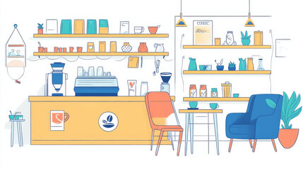 Obraz premium Coffee house or cafe interior stuff set. Desk with bean emblem, table with armchair, shelf with package, cup, topping in bottles bar cafeteria furniture, restaurant court. Cartoon vector illustration