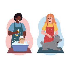 Groomers Washing Cat and Grooming Dog at Pet Salon Illustration