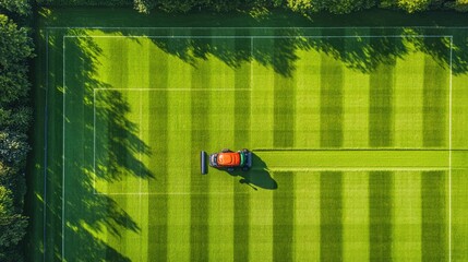 Straight down aerial drone photo of a man cutting the grass of a British rugby pitch in the summer time showing the mower going down the sports field