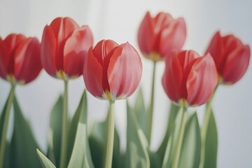 Fototapeta premium A beautiful bouquet of red tulips arranged in a vase