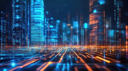 Fototapeta premium A glowing path leading upwards into a futuristic skyline, representing corporate success.