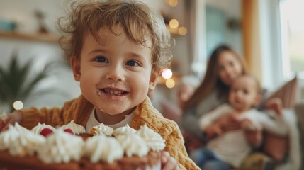 A young child celebrating with cake, held by a smiling adult, possibly at Christmas, as indicated by the decorations.