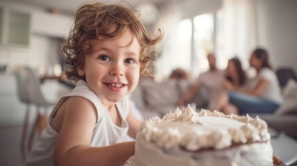 Small child sitting at table with cake in front of him.
