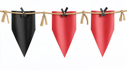 Red and black pennants and banners isolated on white background. Vector realistic mockup of 3d blank square and rectangle canvas streamers and pennons hanging with ropes