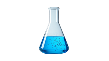 Chemistry Laboratory Flask with Blue Liquid Bubbles PNG isolated Transparent White Background Photo Image Full hd 4k Download