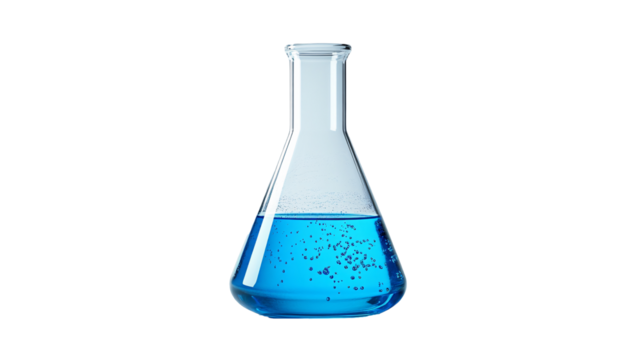 Chemistry Laboratory Flask with Blue Liquid Bubbles PNG isolated Transparent White Background Photo Image Full hd 4k Download