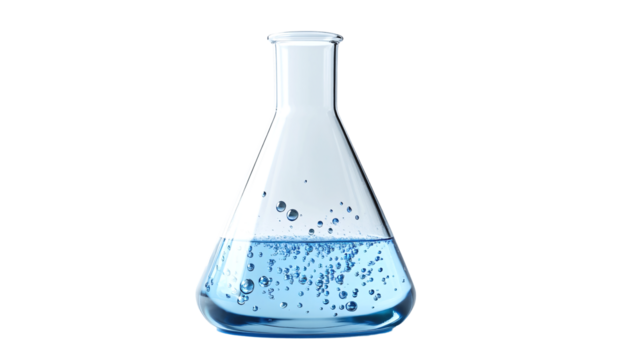 Chemistry Laboratory Flask with Blue Liquid Bubbles PNG isolated Transparent White Background Photo Image Full hd 4k Download