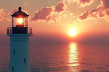 Lighthouse glowing at sunset over calm sea. Perfect for themes of hope, guidance, and new beginnings.