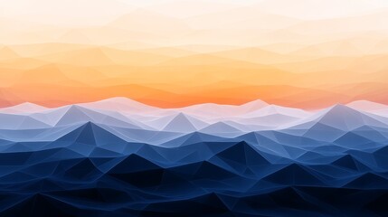 Abstract geometric landscape with layered mountains and a vibrant sunset sky in the background