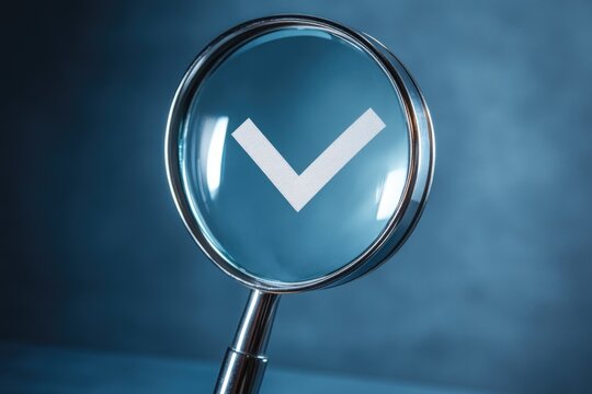 A detailed image of a magnifying glass with a checkmark symbol on the lens, useful for highlighting findings or verifying authenticity