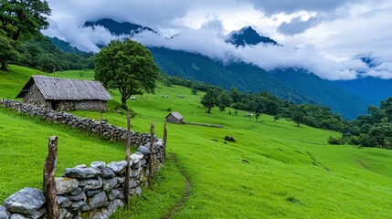 Stone wall surrounding a rural mountainside village with scattered trees and natural landscape