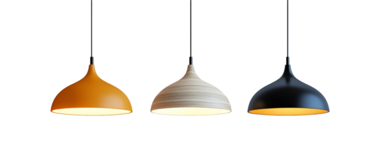 Illuminating Trio: A captivating shot features three modern pendant lights in vibrant hues of yellow, white, and black, showcasing contemporary design and innovative lighting concepts.