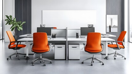 Modern office interior with desks and chairs in an open space setting, featuring a blank white wall on the right for copy space. 3D Rendering,

