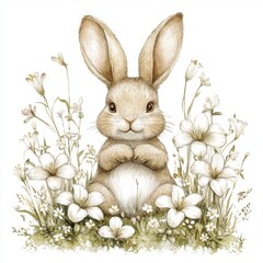 Adorable Bunny Rabbit Sitting in a Field of Wildflowers