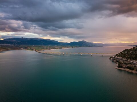 Lake Polyfyto and Servia Neraida Bridge at Sunset, Greece