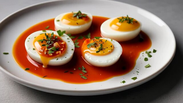 Video footage of Four soft boiled eggs halved, topped with chopped herbs, served on a white plate with a rich, red sauce