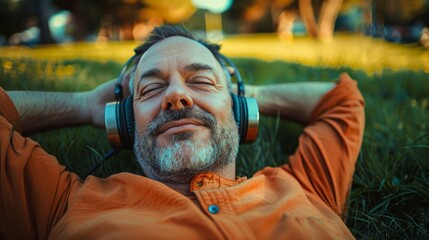 Man relaxing with headphones over his eyes, lying in grassy field.