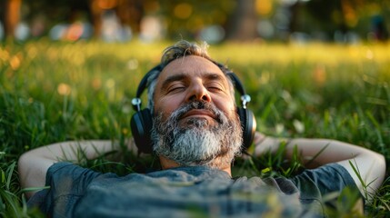 Man relaxing in grassy field with headphones around neck.