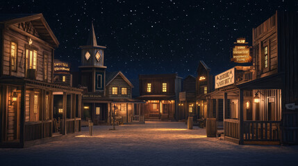 Western town with old wooden buildings at night. Wild west landscape for game gui. Vector cartoon illustration of city street with catholic church, saloon, sheriff office, bank, hotel and store