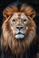 A close-up shot of a lion's face on a black background