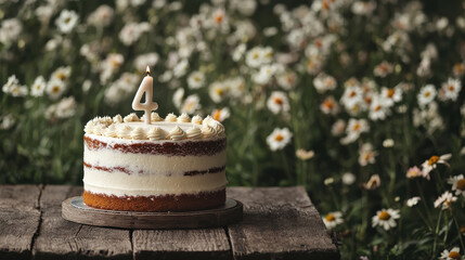 Happy 4 birthday anniversary theme, birthday cake with number 4 candle surrounded by flowers evokes joy