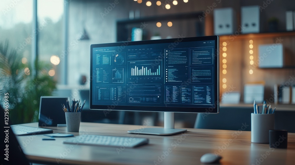 Poster a modern workspace featuring a large monitor displaying data analytics, with a keyboard, mouse, and 