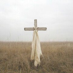 Rustic Wooden Cross in a Field with Draped Fabric