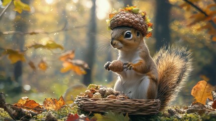 Adorable Autumn Squirrel in Acorn Hat