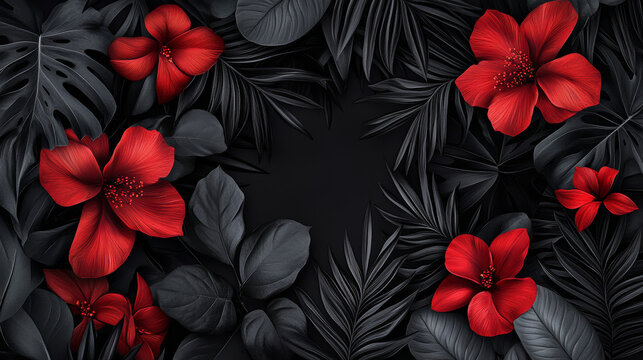 Fototapeta Tropical black leaves, exotic red flower on white background vector poster. Beautiful botanical design with tropic jungle plant golden inscription. Wedding ceremony invitation card, christmas greeting